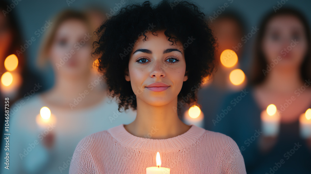 A group of individuals holding candles, with a focus on a confident woman in the front, evoking a sense of unity and reflection. A group of individuals holding candles, with a focus on a confident woman in the front, evoking a sense of unity and reflection.