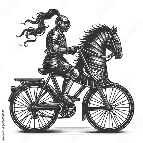medieval knight in armor riding a bicycle with horse head, humorous style sketch engraving generative ai vector illustration. Scratch board imitation. Black and white image.