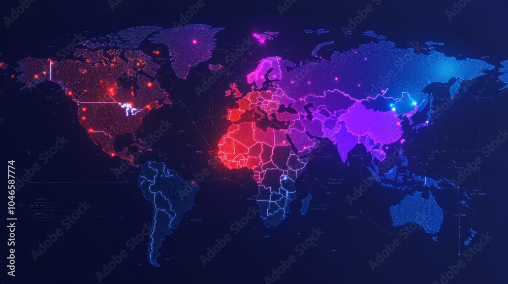 Dynamic global network map showcasing digital connectivity across continents with vibrant color schemes and high-tech visualization techniques