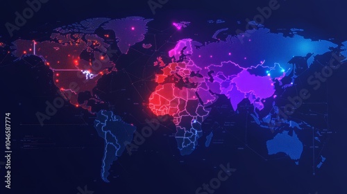 Dynamic global network map showcasing digital connectivity across continents with vibrant color schemes and high-tech visualization techniques photo