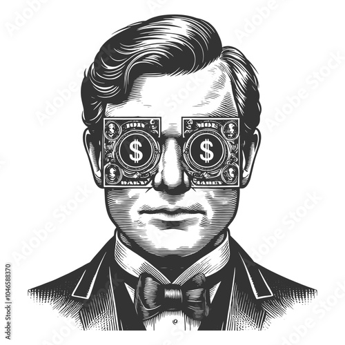 man with excited expression and dollar signs in his eyes, symbolizing greed or financial ambition sketch engraving generative ai vector illustration. Scratch board imitation. Black and white image.