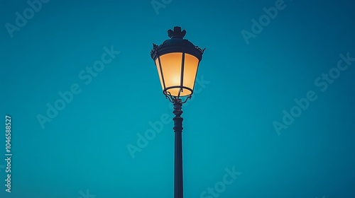 A vintage street lamp illuminated against a serene twilight background. Captures the essence of nostalgia and the charm of historic street lighting. Evening ambiance.