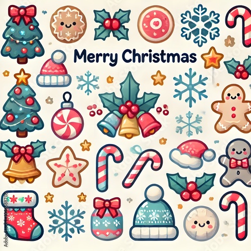 Merry Christmas icons with holly, candy canes, and gingerbread 