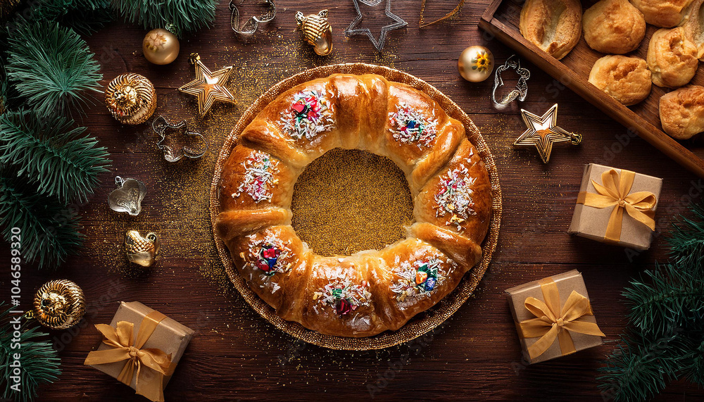 Plano cenital de un roscon de reyes con fruta escarchada junto a regalos