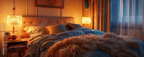 Cozy bedroom with a fluffy bed and soft lighting, 4K hyperrealistic photo