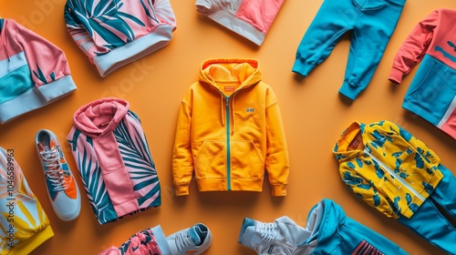 Colorful Apparel Layout on Vibrant Background photo