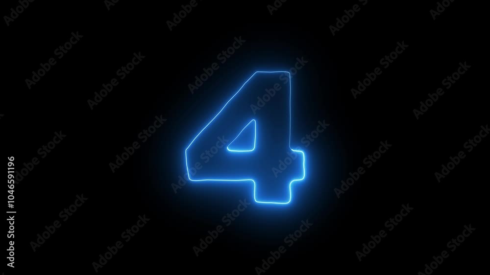neon glowing blue Four number text sign icon animation on a black background. neon glowing blue Four number text sign icon animation on a black background.