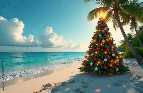 Wallpaper Mural Christmas tree decorated on the sandy beach. Summer Xmas vacations on a tropical island  Torontodigital.ca