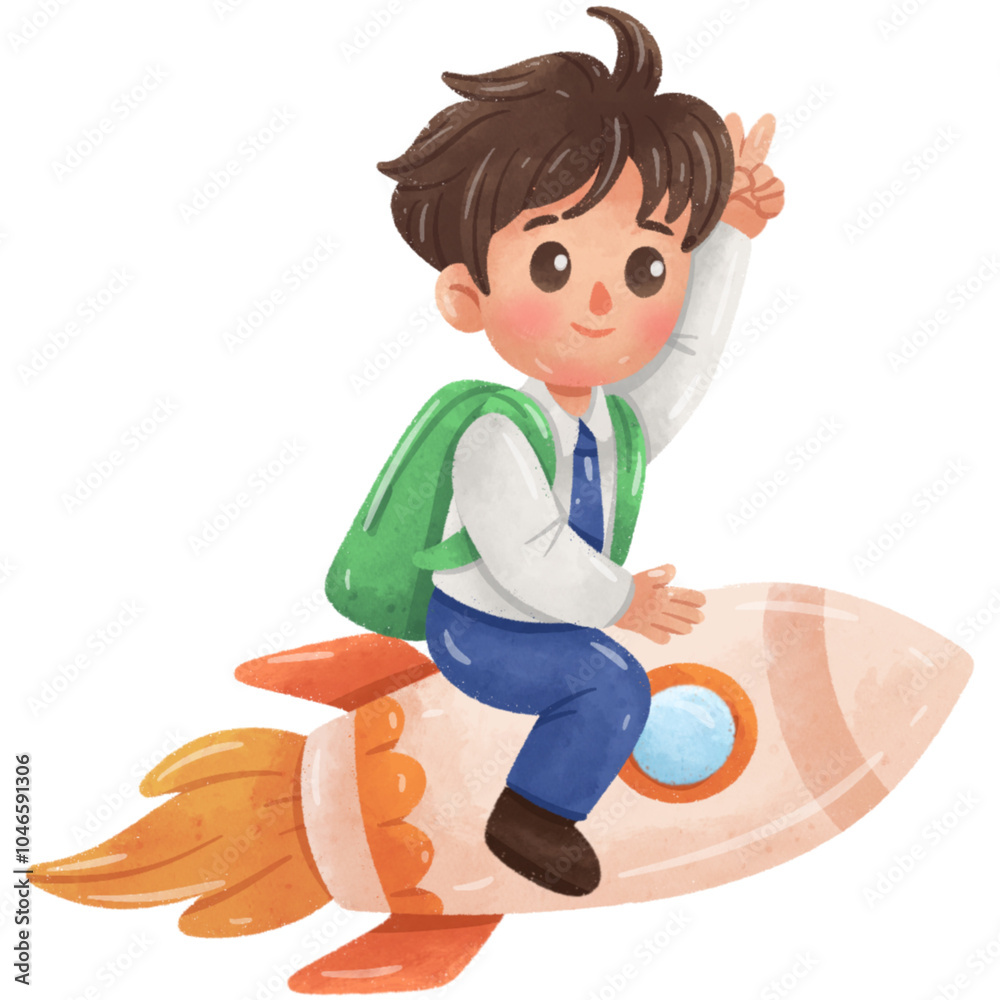 Boy Student Riding Rockets Watercolor Boy Student Riding Rockets Watercolor