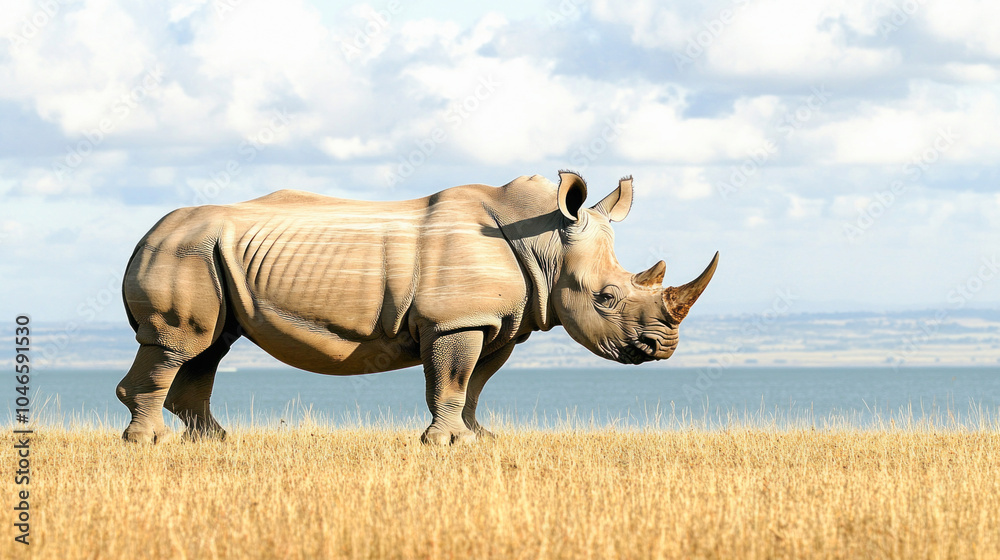 Fototapeta premium White rhinoceros walking on dry grassland in front of lake nakuru