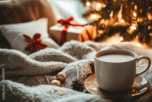 Cozy Christmas Morning with a Cup of Coffee and Ornaments photo