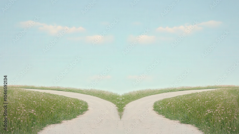 A serene landscape featuring two roads diverging in a peaceful setting. The image captures the essence of choice and tranquility in nature. Perfect for travel or decision-making themes. A serene landscape featuring two roads diverging in a peaceful setting. The image captures the essence of choice and tranquility in nature. Perfect for travel or decision-making themes.