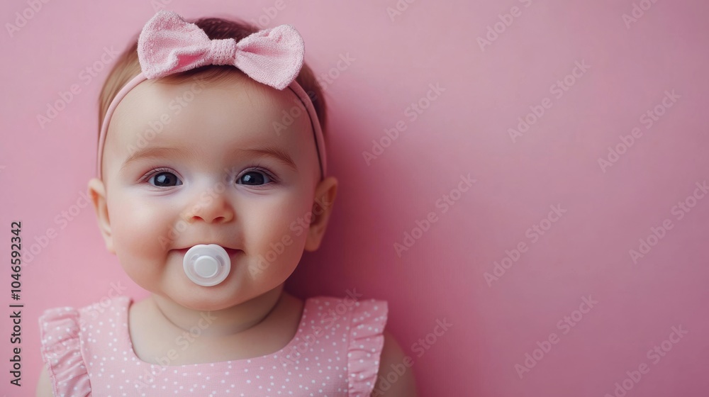 A joyful baby girl with a pacifier smiles brightly while wearing a cute pink dress and a matching headband against a pink backdrop. Generative AI A joyful baby girl with a pacifier smiles brightly while wearing a cute pink dress and a matching headband against a pink backdrop. Generative AI