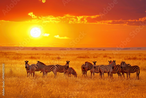 Zebras Gather at Sunset in the Vast African Savanna Under a Vibrant, Colorful Sky
