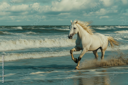 A powerful white horse galloping along a beach, with the ocean waves crashing behind it, symbolizing strength, freedom, and beauty in motion photo