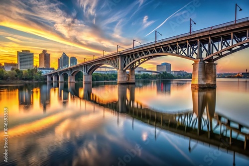 Sunrise view of Burnside Bridge crossing Willamette River in Portland Oregon, long shot