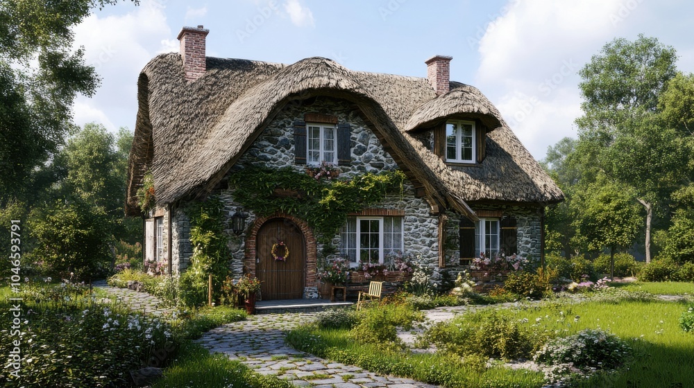 Fototapeta premium Cozy cottage with a thatched roof.