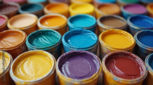 Rows of colorful paint jars filled with different hues including yellow, turquoise, and purple, arranged uniquely for vibrant visual effects and creativity.