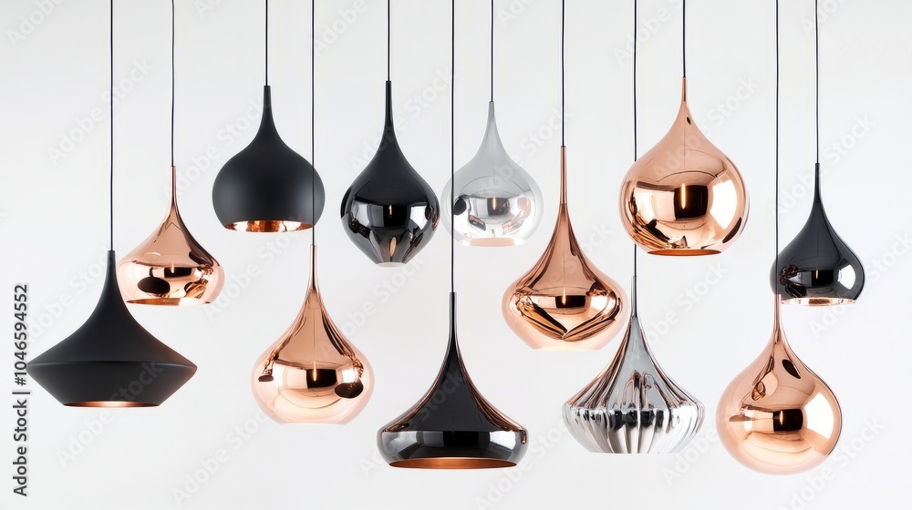 A refined collection of modern pendant lights in copper and black, suspended against a white background to emphasize sleek, minimalist design. A refined collection of modern pendant lights in copper and black, suspended against a white background to emphasize sleek, minimalist design.
