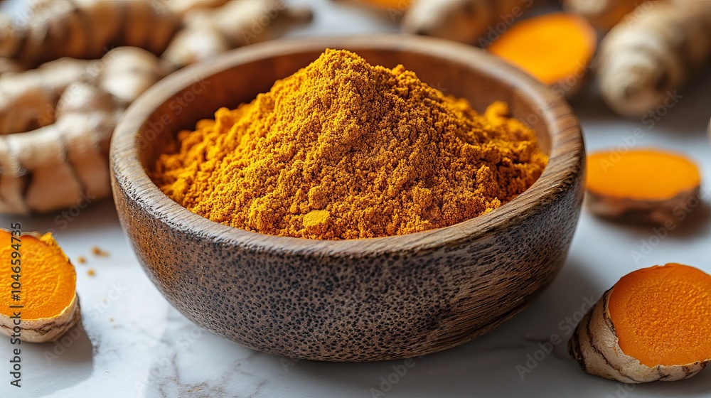 A close-up view of vibrant turmeric powder heaped inside a carved wooden bowl, with fresh turmeric roots in the background on a marble surface. A close-up view of vibrant turmeric powder heaped inside a carved wooden bowl, with fresh turmeric roots in the background on a marble surface.