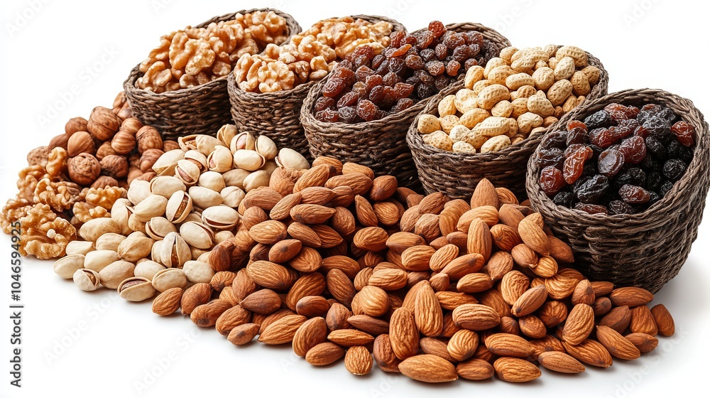 Wicker baskets filled with an assortment of nuts and raisins like pistachios and almonds, captured in a rustic style, evoking natural flavors and richness. Wicker baskets filled with an assortment of nuts and raisins like pistachios and almonds, captured in a rustic style, evoking natural flavors and richness.