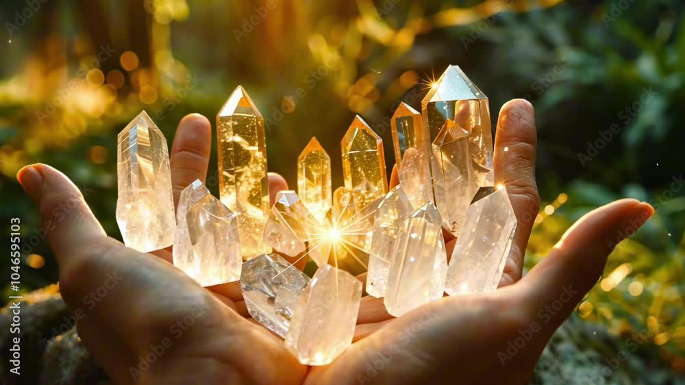 Close-up of hands cupping shimmering quartz crystals as sunlight passes through them in natural settings. Healing energy