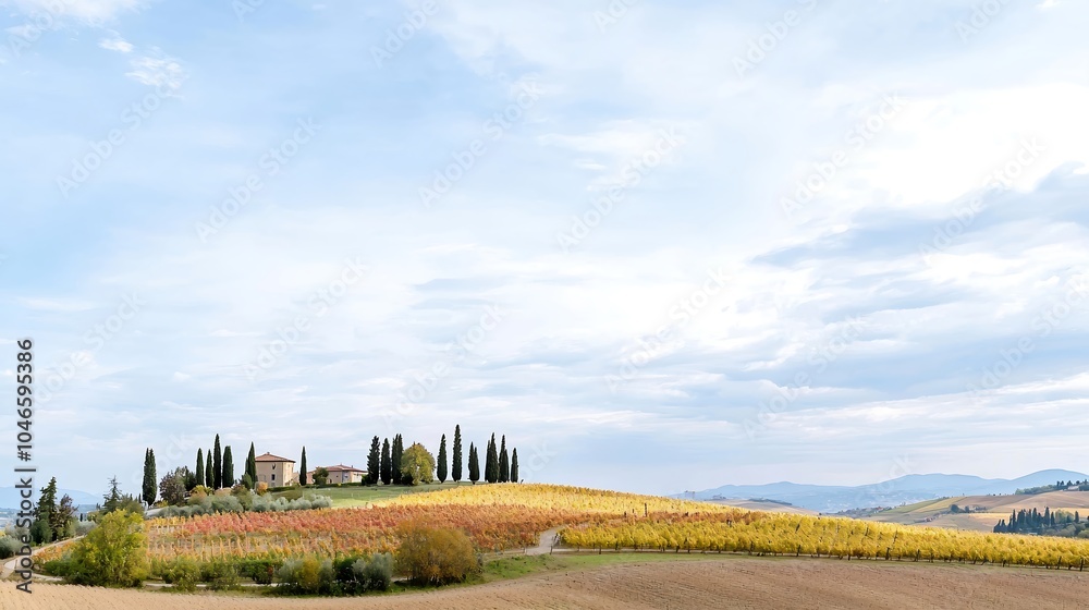 Fototapeta premium A breathtaking view of rolling hills adorned with a patchwork of autumn colors, including lush vineyards and golden fields. The scene is complemented by a dramatic sky, filled with soft clouds that