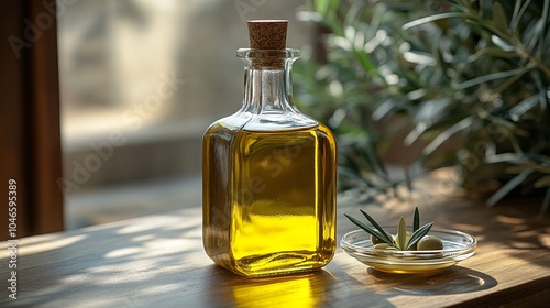 A clear glass bottle of rich olive oil is shown beside fresh olives, all bathed in warm sunlight, capturing the essence of Mediterranean culinary tradition and purity. photo