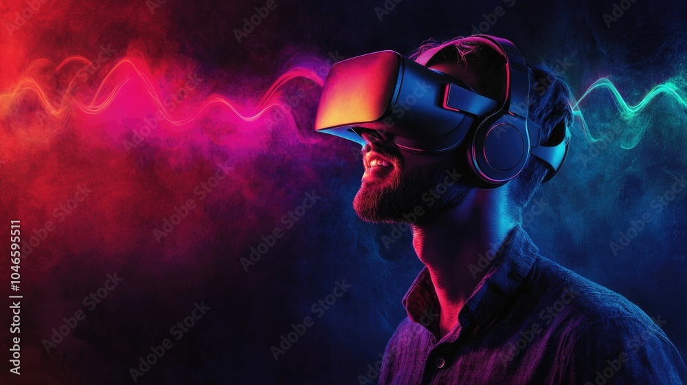 Man Enjoying Virtual Reality Experience with Headset Man Enjoying Virtual Reality Experience with Headset