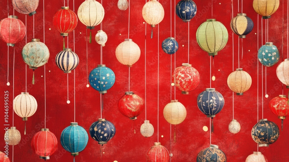 Fototapeta premium A stunning red background filled with traditional lanterns sets a joyful and vibrant mood, perfect for festive events.