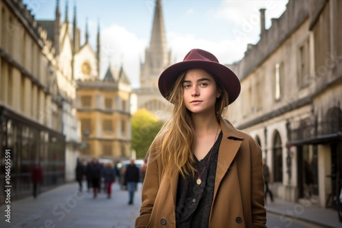 An Elegant Young Woman Surrounded by the Iconic Architecture of Prestigious University. Student of higher education institution