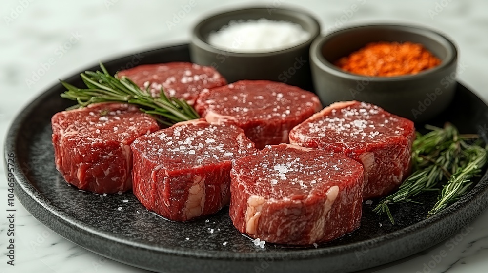 Fresh raw steak cuts arranged on a black slate plate, seasoned with salt, accompanied by small bowls of spices, and garnished with fresh rosemary branches. Fresh raw steak cuts arranged on a black slate plate, seasoned with salt, accompanied by small bowls of spices, and garnished with fresh rosemary branches.