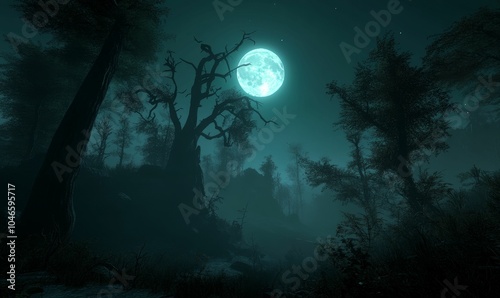 Silhouetted trees and a bright moon in a foggy forest.