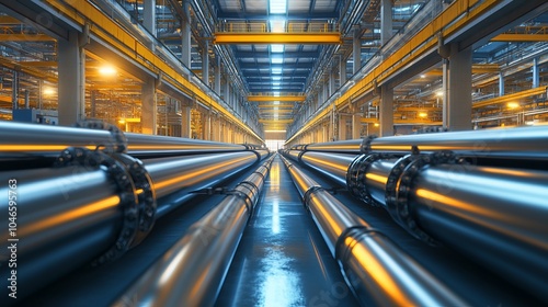 Rows of polished industrial pipes run along a high-tech, well-lit industrial setting, showcasing modern infrastructure and the marvels of engineering.