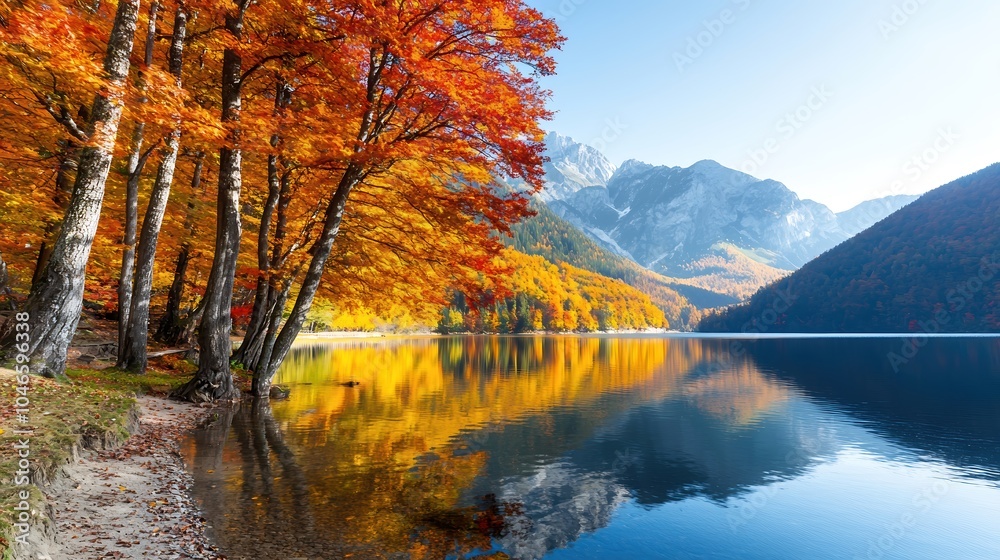 Naklejka premium A tranquil lakeside scene surrounded by majestic trees in their autumn attire, reflecting the stunning colors on the water's surface. The calmness of the lake, paired with a distant mountain range,