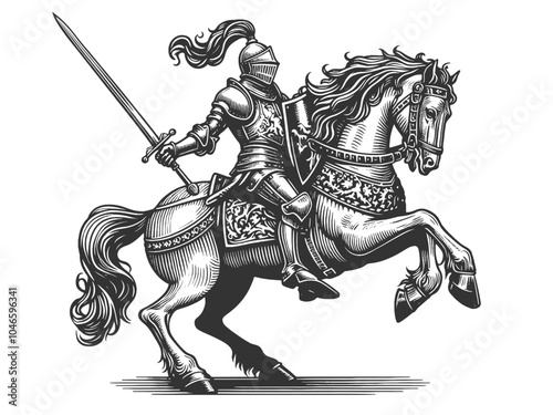 medieval knight in full armor riding a rearing horse, showcasing intricate, vintage engraving details sketch engraving generative ai vector illustration. Scratch board imitation. Black and white image