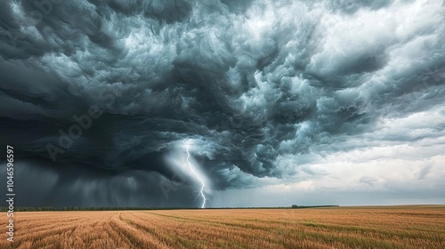 Dramatic storm clouds with lightning over a vast field landscape.