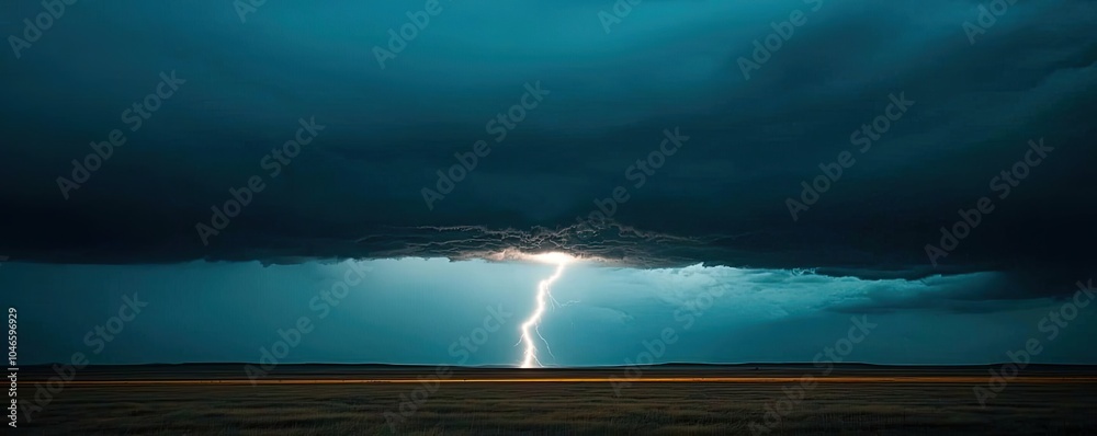 Obraz premium Lightning piercing dark clouds over a tranquil landscape, dramatic weather scene.