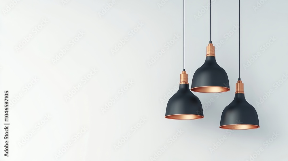 Obraz premium Contemporary pendant lights with black and copper finishes, arranged elegantly against a minimalist white background.