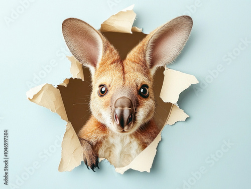 Curious kangaroo peeking through torn paper hole photo