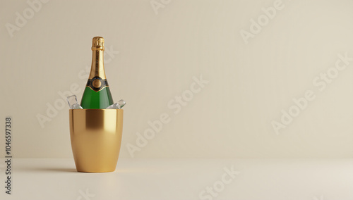 A bottle of champagne chilling in a golden ice bucket, set on a beige background. Ideal for luxury celebrations, special events, or romantic occasions.