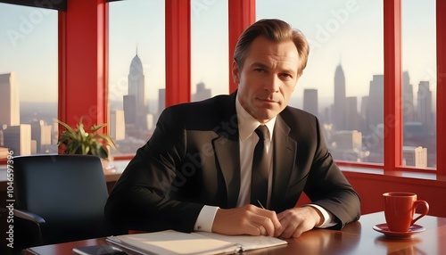 Portrait of a middle-aged Caucasian businessman with tousled hair and a focused gaze in a modern office, wearing a tailored beige suit, seated at a sleek glass desk with papers scattered around, havin photo