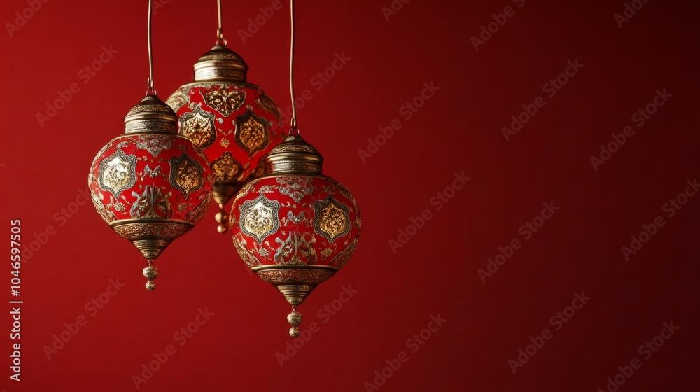 Decorative lanterns hang against a deep red backdrop, their intricate designs reflecting joy and tradition for cultural festivities. Decorative lanterns hang against a deep red backdrop, their intricate designs reflecting joy and tradition for cultural festivities.