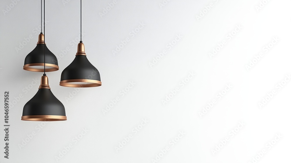 Obraz premium Elegant black and copper pendant lights hang gracefully on a plain white background, illustrating modern aesthetics.