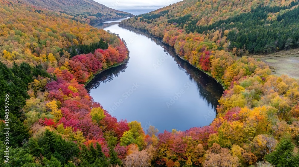 An aerial shot of a winding river surrounded by trees dressed in fall colors, highlighted by the reflection of the foliage on the water's surface. This serene scene emphasizes the beauty of autumn An aerial shot of a winding river surrounded by trees dressed in fall colors, highlighted by the reflection of the foliage on the water's surface. This serene scene emphasizes the beauty of autumn