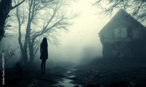 Silhouette of a woman in front of a foggy house.