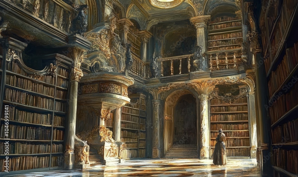 Fototapeta premium Ornate library with bookshelves and a figure.