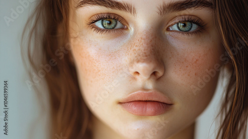 A close-up portrait of a young woman with natural beauty, showcasing clear skin, freckles, and blue eyes.