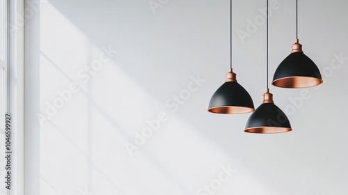 Wallpaper Mural Simple and stylish copper and black pendant lamps suspended gracefully on a white backdrop, showcasing modern lighting trends. Torontodigital.ca