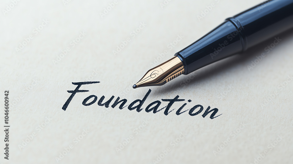 Close-up of a fountain pen writing the word 'Foundation' on a textured paper, symbolizing the establishment of principles and values.